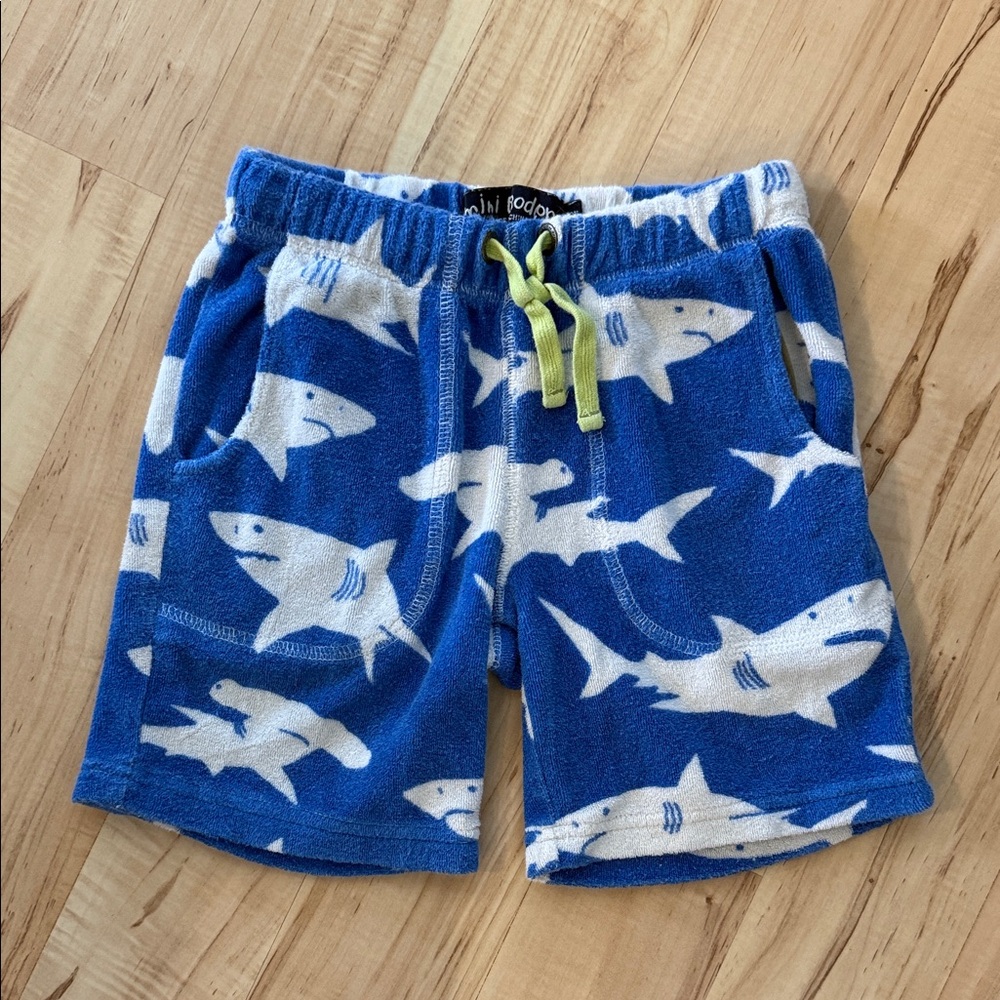 Mini Boden Blue Shark Terry Shorts with Lime Drawstring